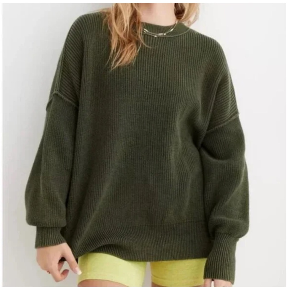 aerie Olive Green Ribbed Crewneck Sweater